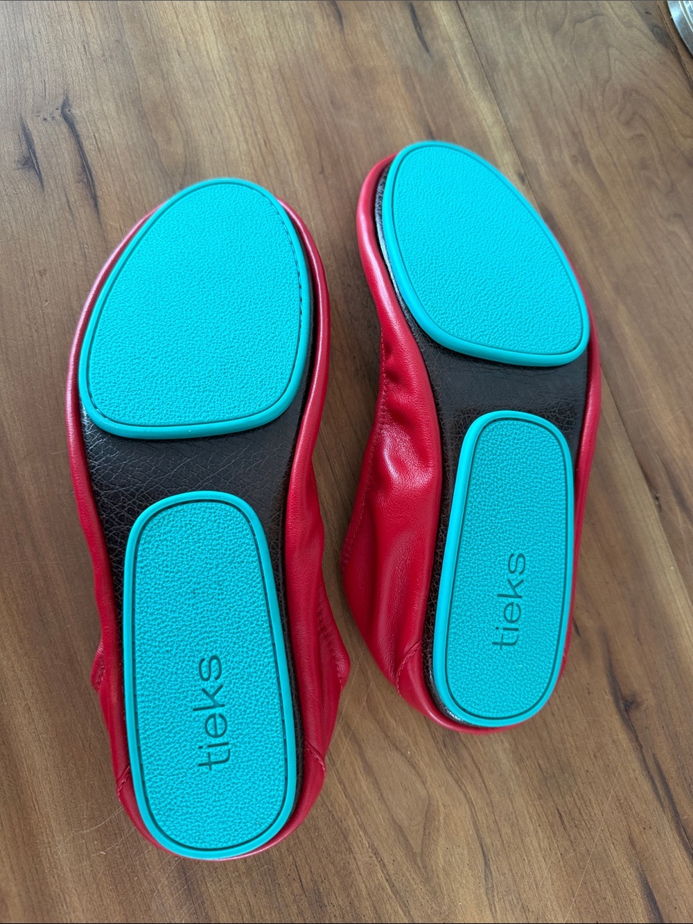 Tieks Red Leather Ballet Flats with Teal Heel Tab - Picture 3 of 5